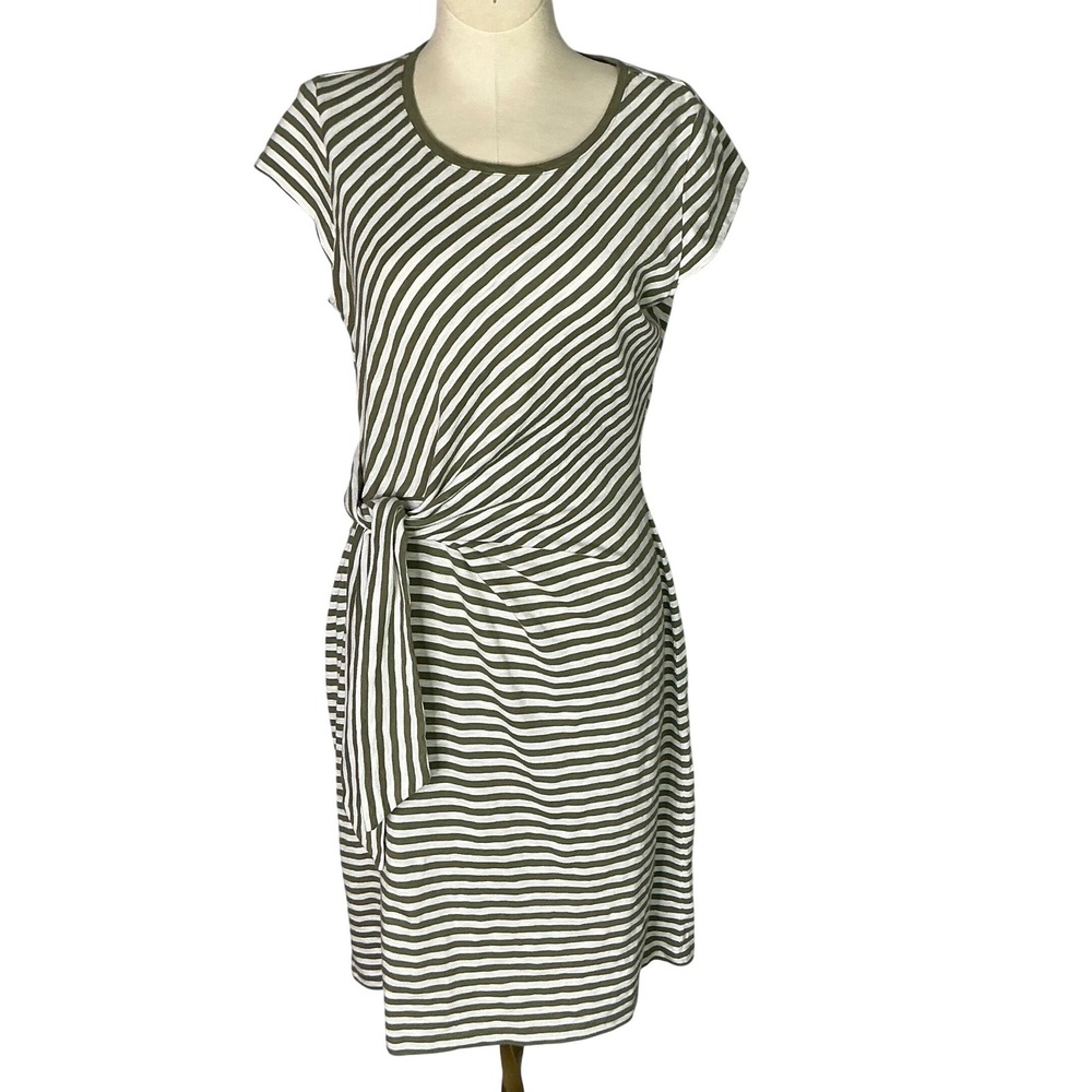 Talbots Petite Striped Tie Waist Knit Dress Olive Green White Casual‎ Size SP